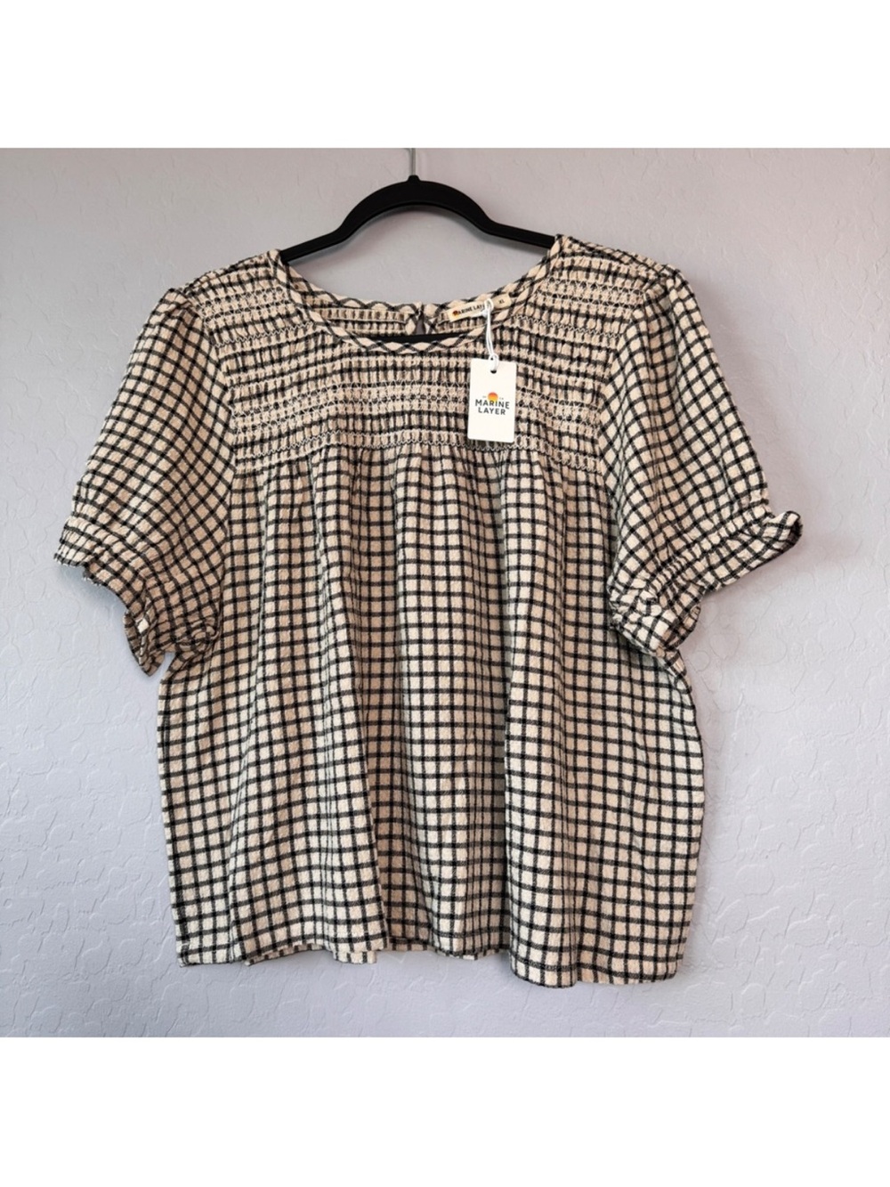 NWT MARINE LAYER Elena Smocked Windowpane Top Extra Large XL Parchment Black